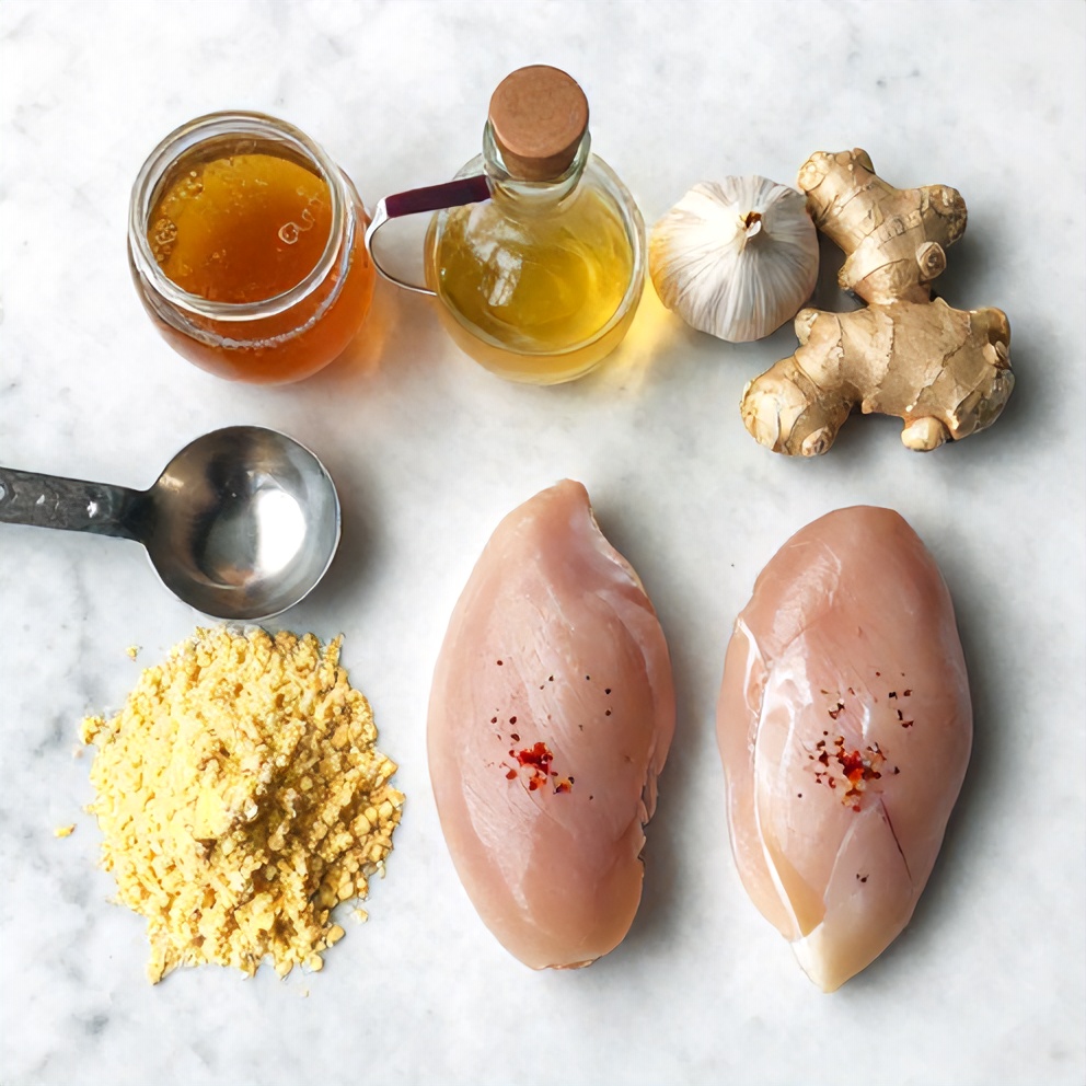 Honey, garlic, chicken, cornstarch, and other ingredients laid out