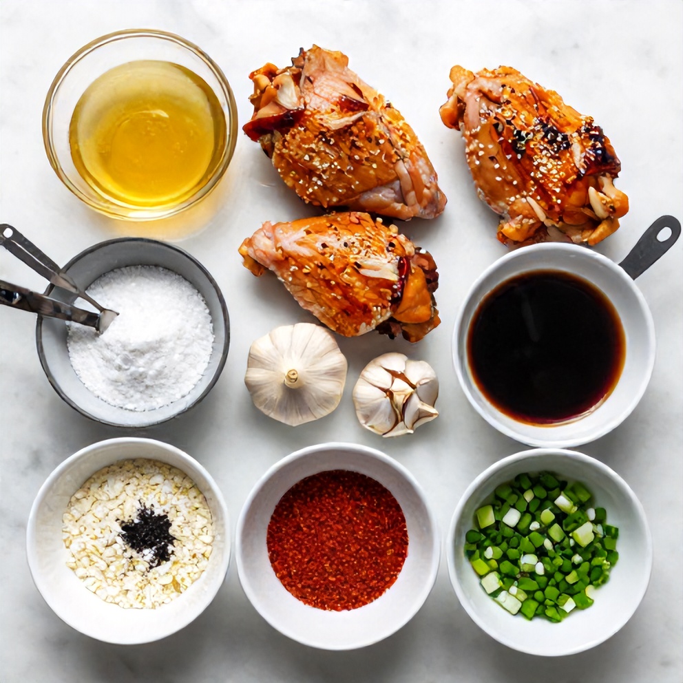 Raw ingredients for Crispy Honey Garlic Chicken on a marble surface