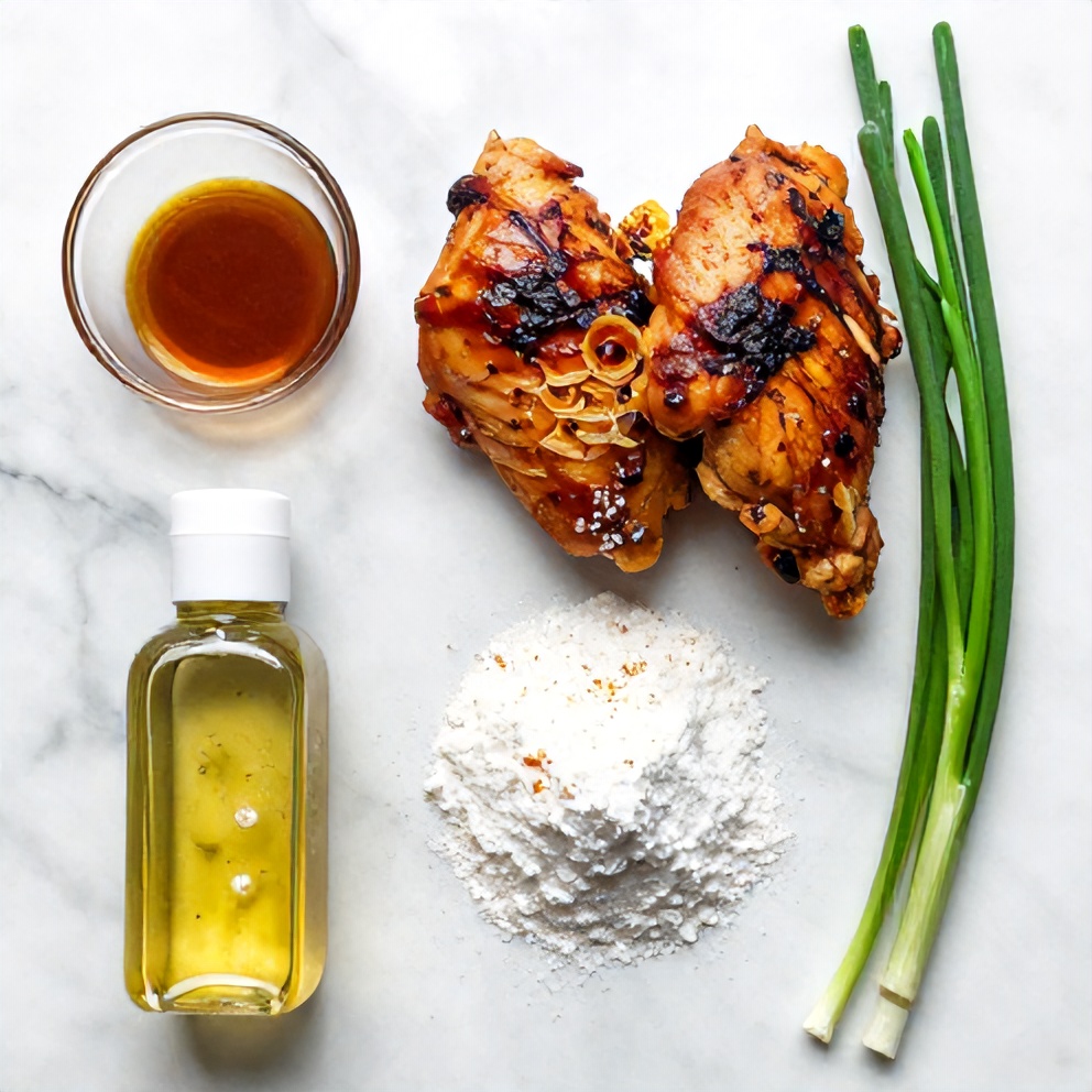 Overhead flat lay of raw ingredients for Crispy Honey Garlic Chicken: chicken thighs, honey, garlic, soy sauce, cornstarch, oil, salt, pepper, green onions, white marble surface, bright even light, photorealistic overhead food photography.