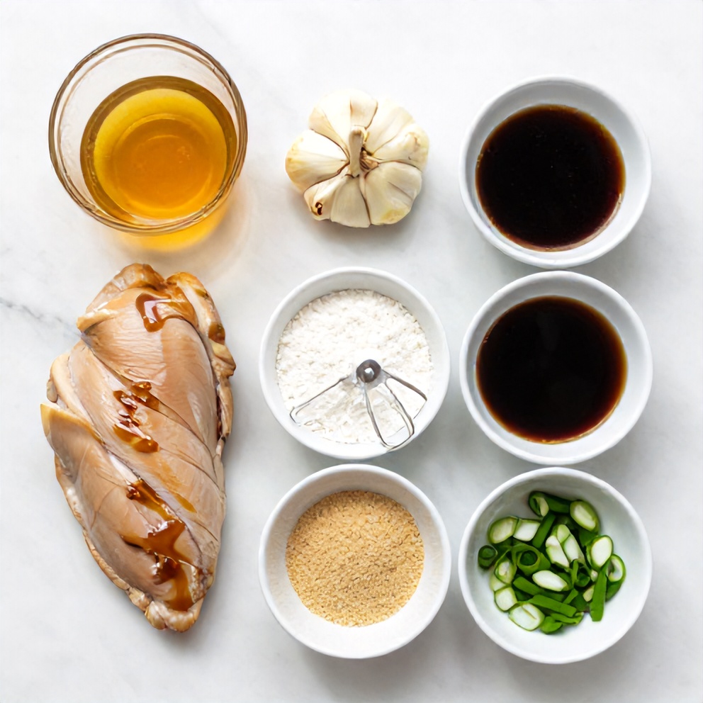 Honey, garlic, chicken, soy sauce, cornstarch, and other ingredients laid out