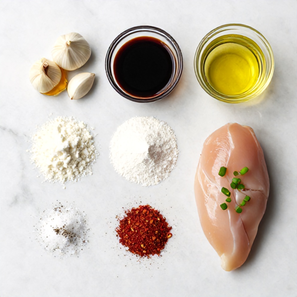 Honey Garlic Chicken ingredients on a white marble surface