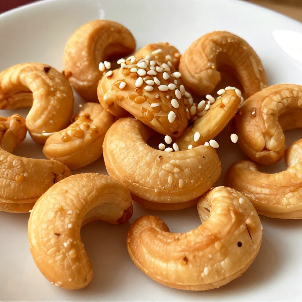 A close-up of Crispy Honey Sesame Cashews on a white plate