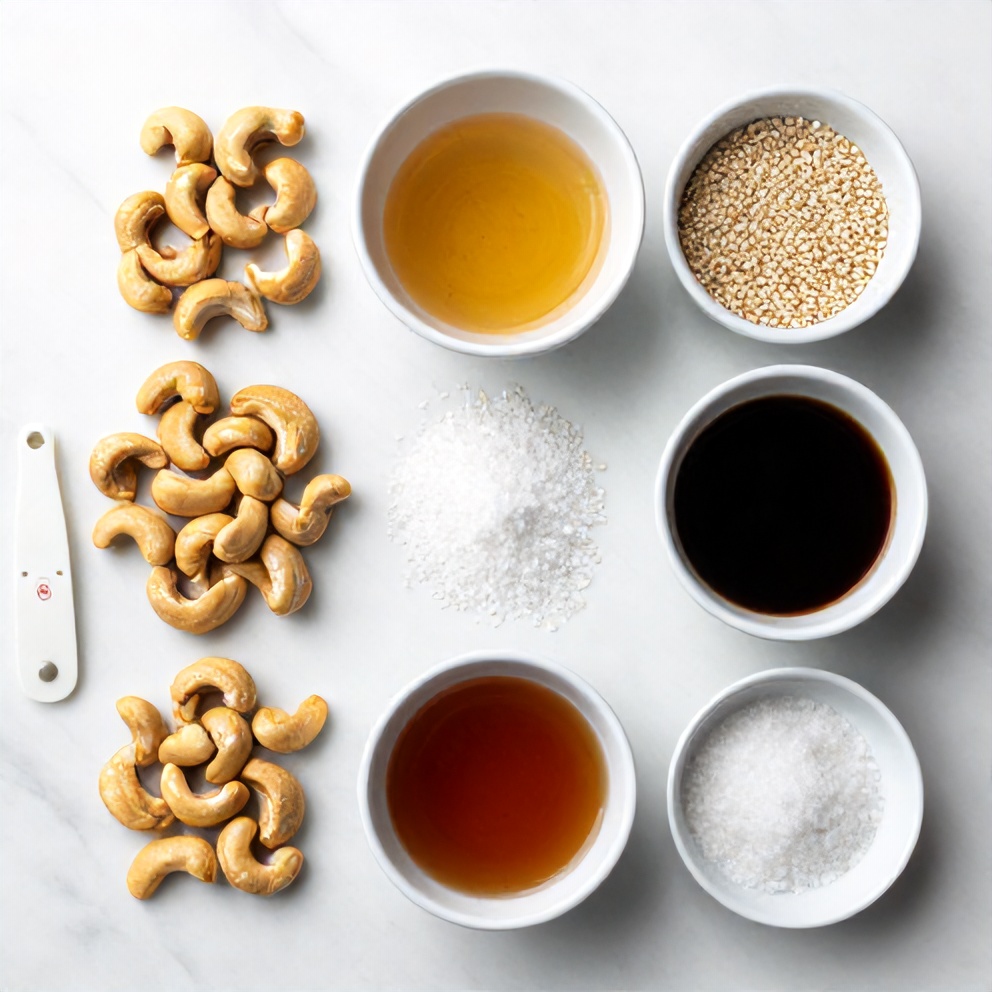 Raw ingredients for Honey Sesame Cashews on a white marble surface
