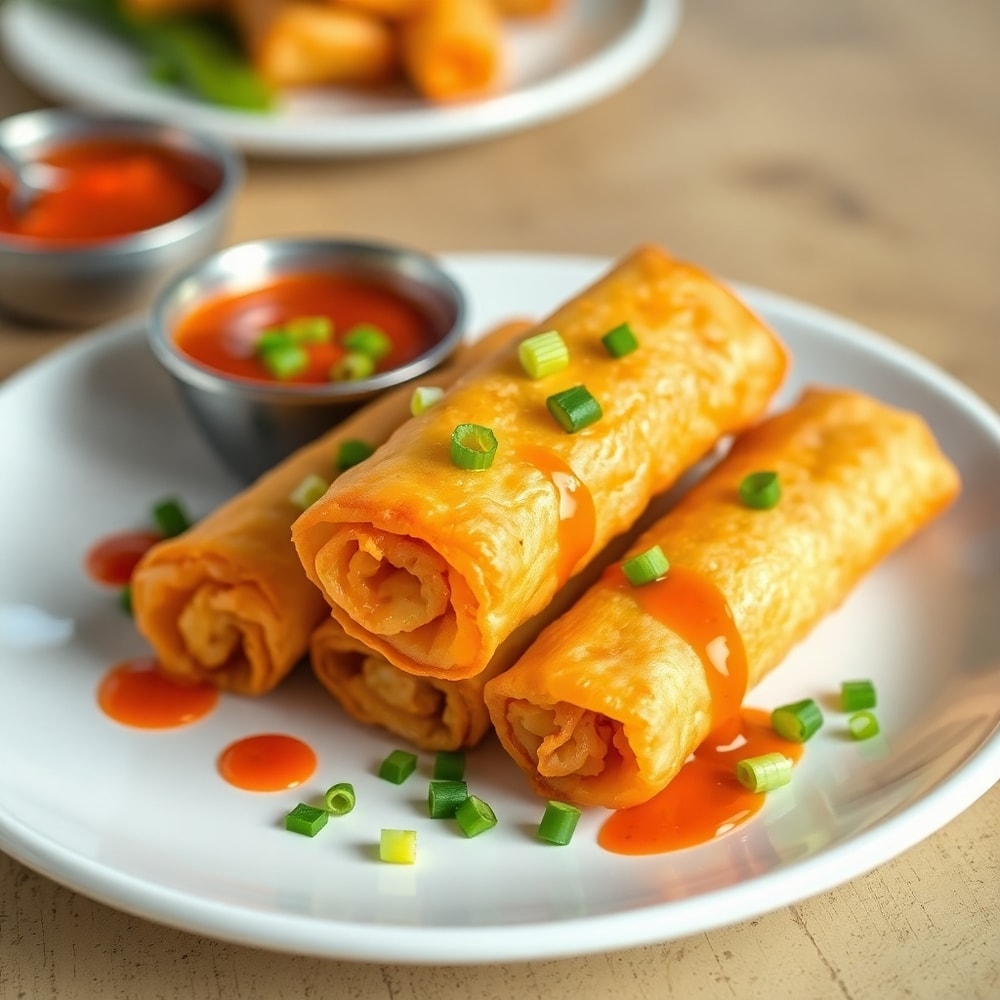 Plated Jalapeño Popper Egg Rolls with a side of sweet chili sauce