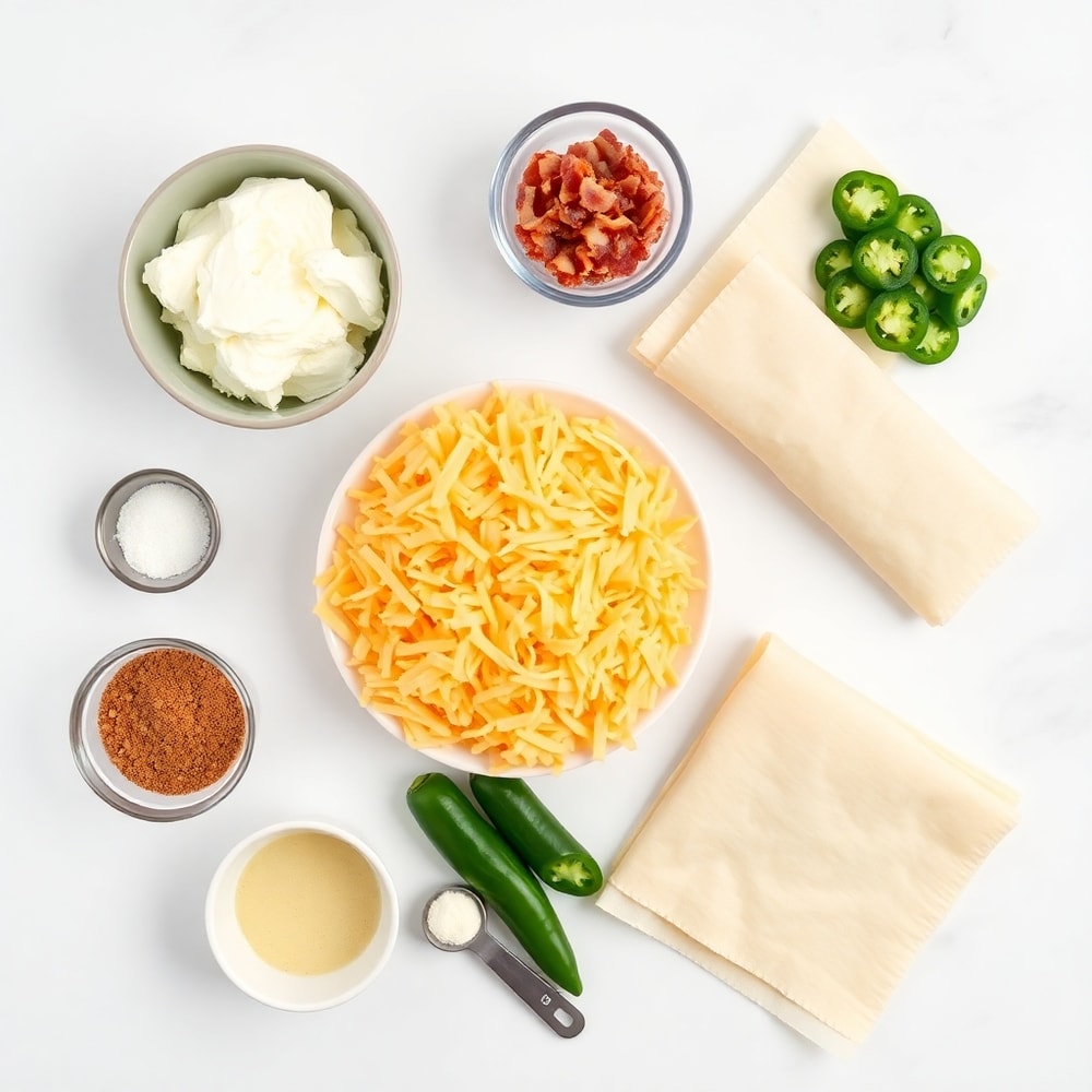 Raw ingredients for Jalapeño Popper Egg Rolls on a white marble surface