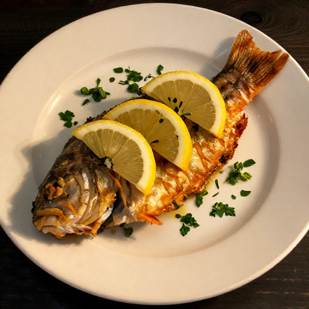 Plated Lemon Butter Fish with lemon slices