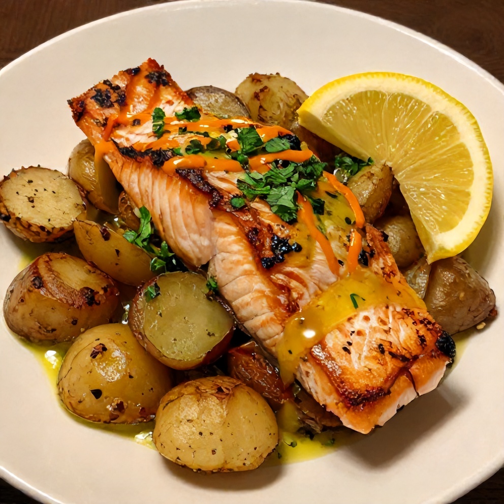 Crispy Lemon Dijon Sheet Pan Salmon and Potatoes Final Dish