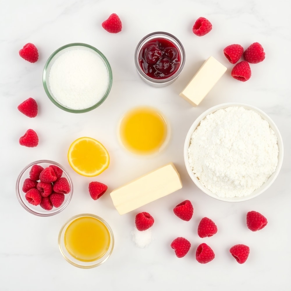 Ingredients for Lemon Raspberry Bars on a marble counter