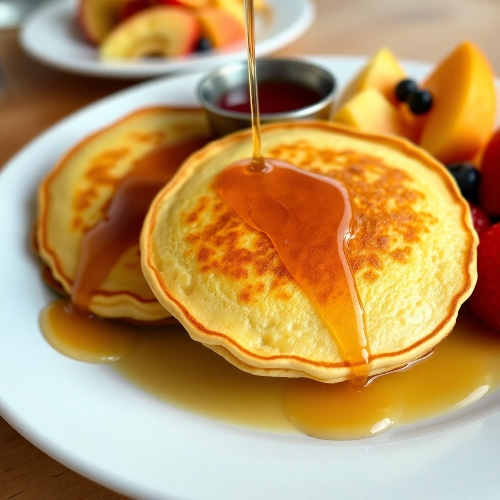 Lion Pancakes plated with syrup and a side of fruit