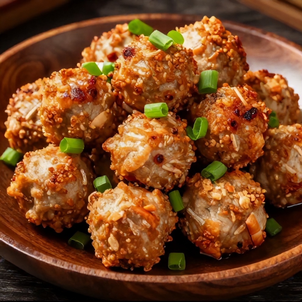 Lion's Head Meatballs plated with green onions