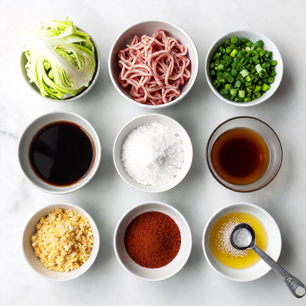 Raw ingredients for Lion's Head Meatballs in a flat lay