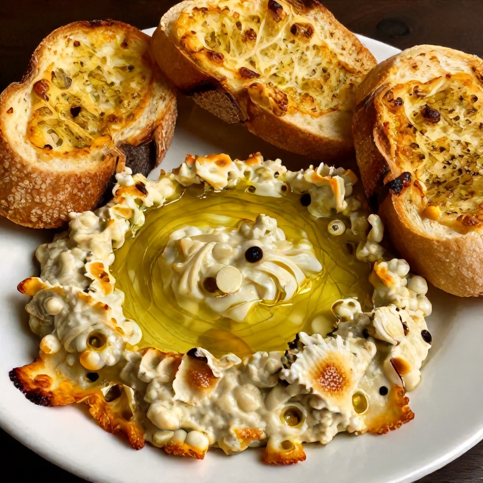 Plated serving of crispy loaded olive oil dip with garlic bread