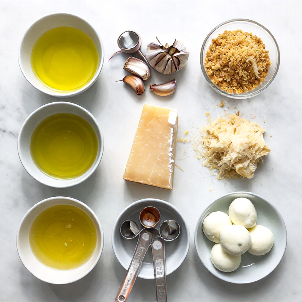 Raw ingredients for loaded olive oil dip including olive oil, breadcrumbs, garlic, and cheese
