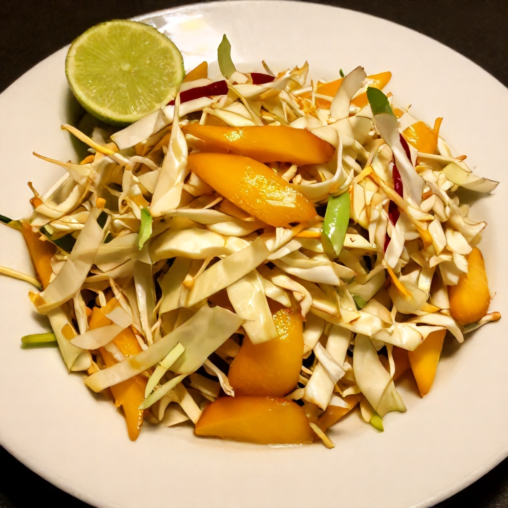 Plated Crispy Mango Slaw with a lime wedge