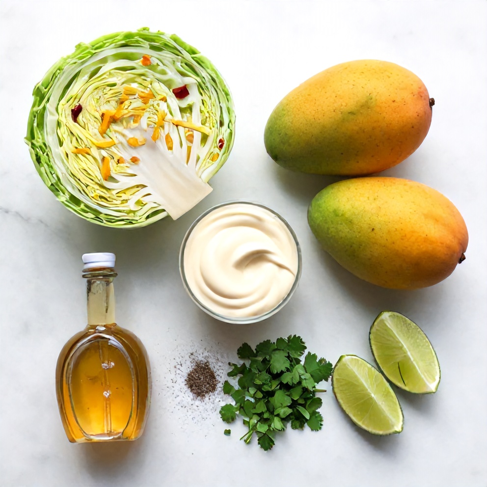 Raw ingredients for Crispy Mango Slaw including cabbage, mango, and dressing