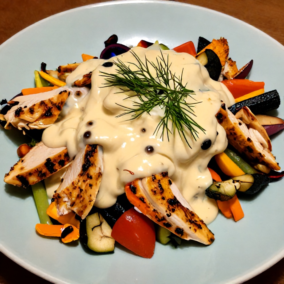 One perfect plated serving of Mediterranean Lemon-Dill Chicken Bowls, featuring crispy chicken, creamy sauce, and colorful veggies on a light blue plate with a sprig of fresh dill as garnish, lit with warm side lighting highlighting texture.