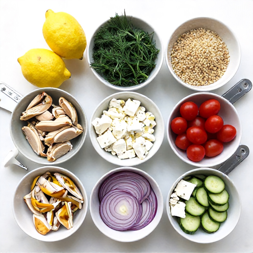 Overhead flat lay of raw ingredients for Mediterranean Lemon-Dill Chicken Bowls, including chicken, lemons, dill, quinoa, and veggies on a white marble surface with bright even light.