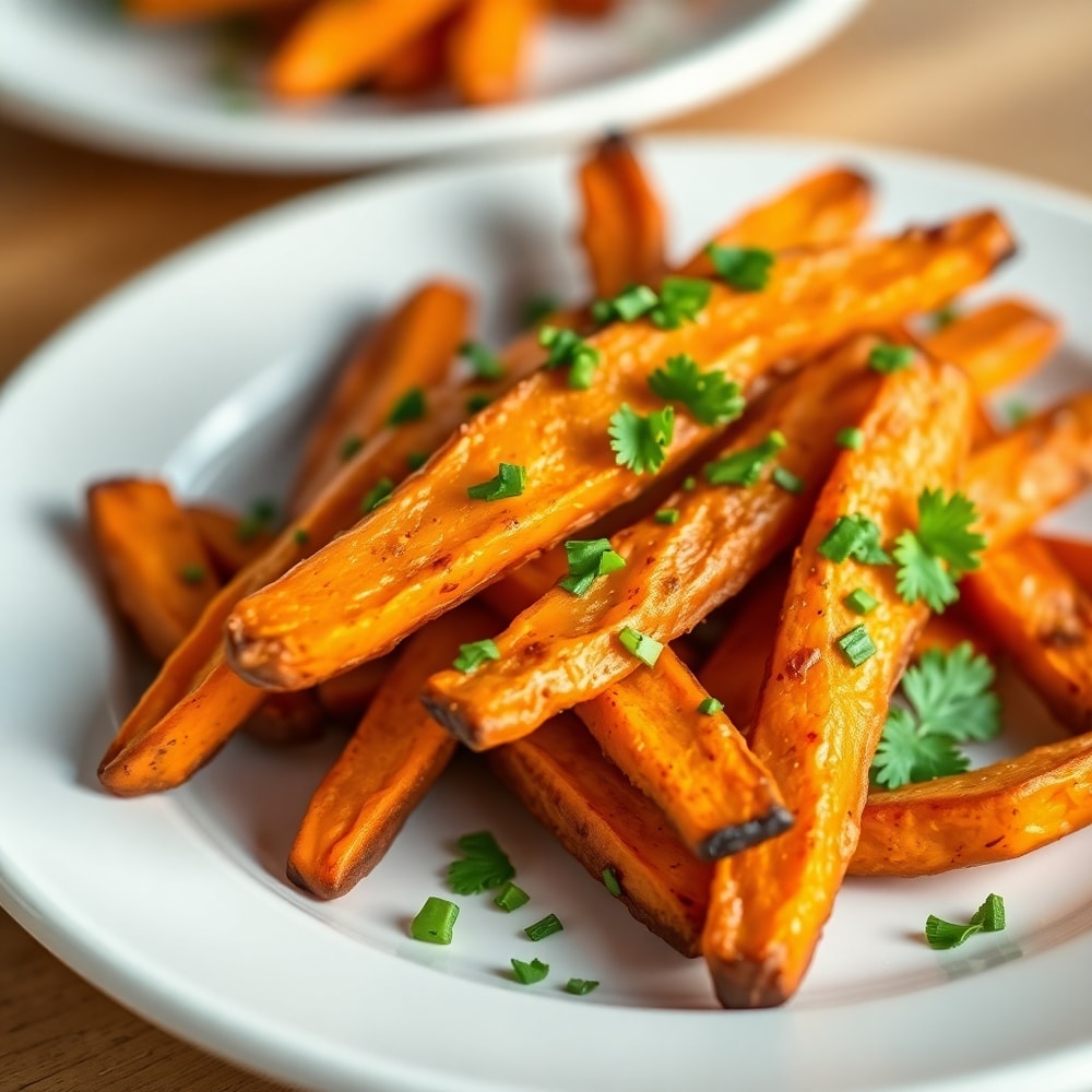 Plated crispy oven baked sweet potato fries