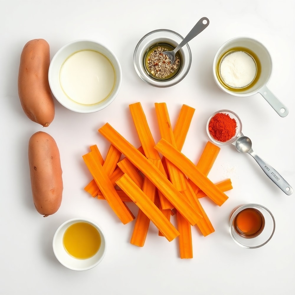 Raw sweet potato fries ingredients on a white marble surface