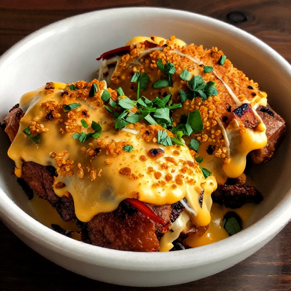 One perfect plated serving of Crispy Philly Cheesesteak Bowls in a bowl, with a garnish of fresh parsley. Close crop, warm side lighting showing texture. Photorealistic food photography.