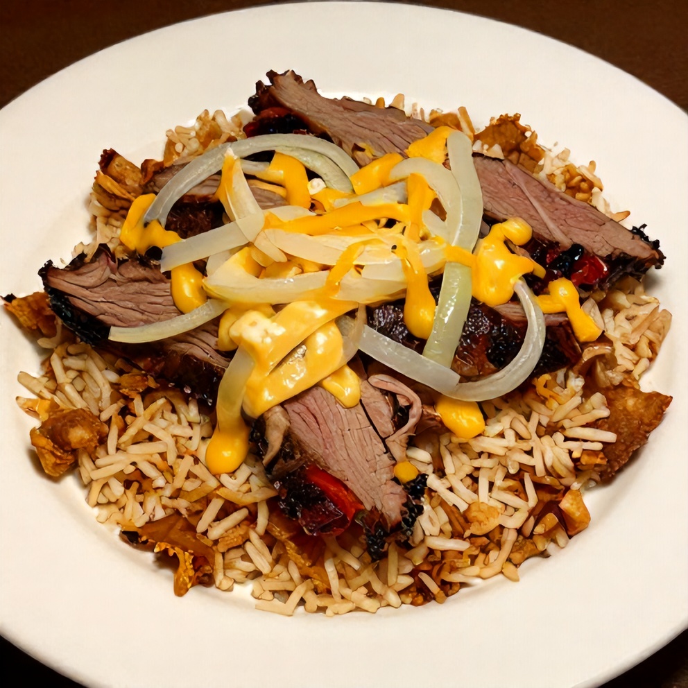 Close-up of a Philly Cheesesteak Bowl with crispy rice and melted cheese