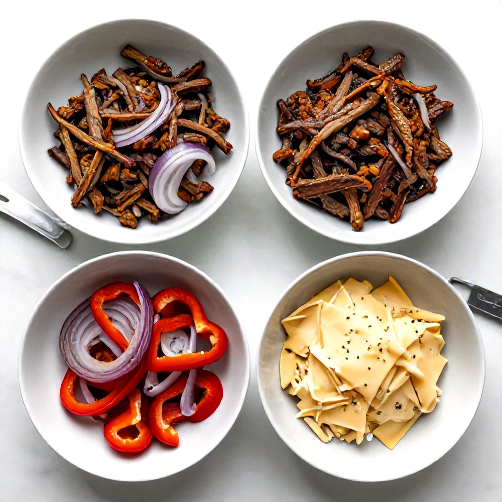 Overhead flat lay of raw ingredients: steak, onions, bell peppers, cheese, and seasonings. Prep bowls and measuring spoons visible. White marble surface, bright even light. Photorealistic overhead food photography.