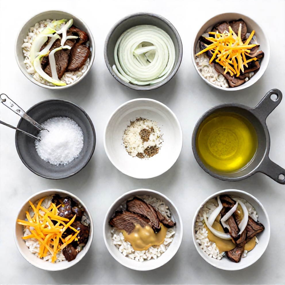 Raw ingredients for Philly Cheesesteak Bowls on a marble counter