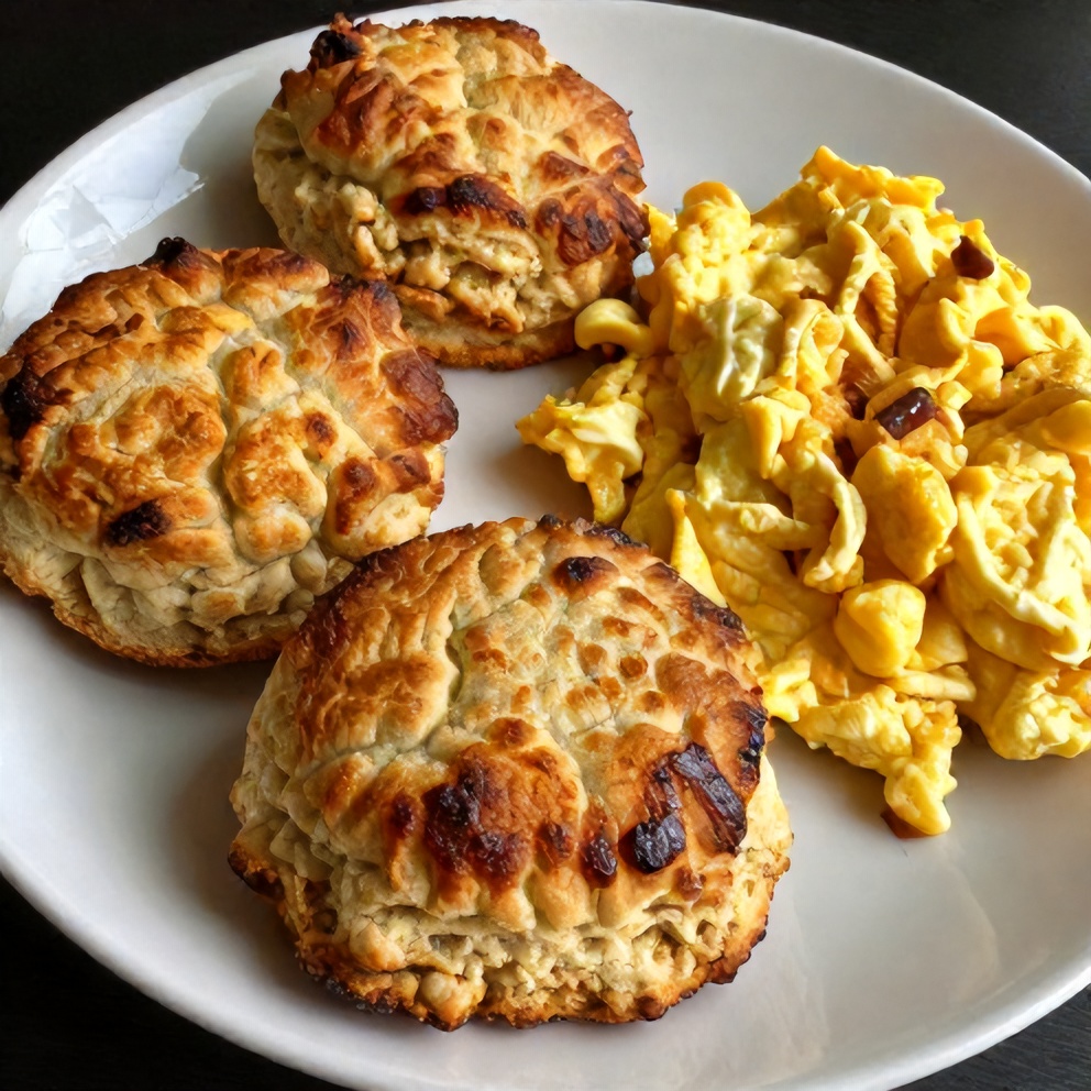 Plated Protein Breakfast Biscuits with a side of scrambled eggs