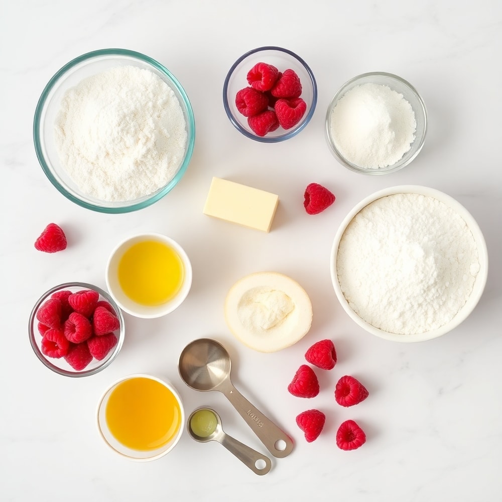 Raspberry Lemon Cookies ingredients on a white marble surface
