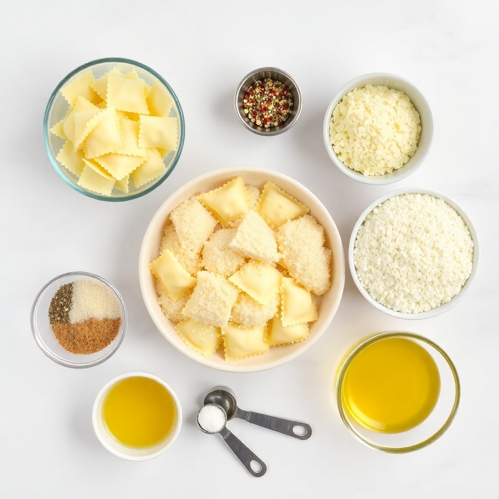 Raw ingredients for Crispy Ravioli Appetizer: cheese ravioli, breadcrumbs, parmesan, garlic, olive oil