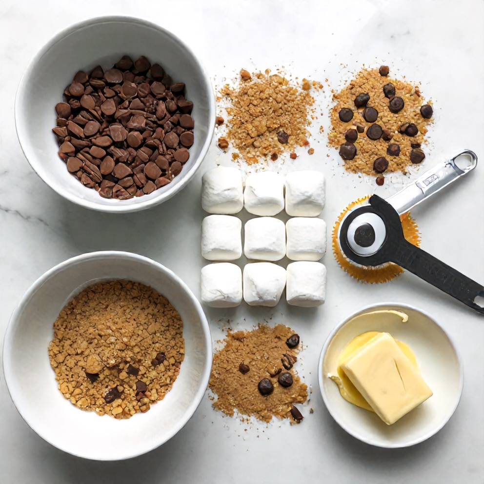 Raw ingredients for Crispy S'mores Pie arranged in a flat lay