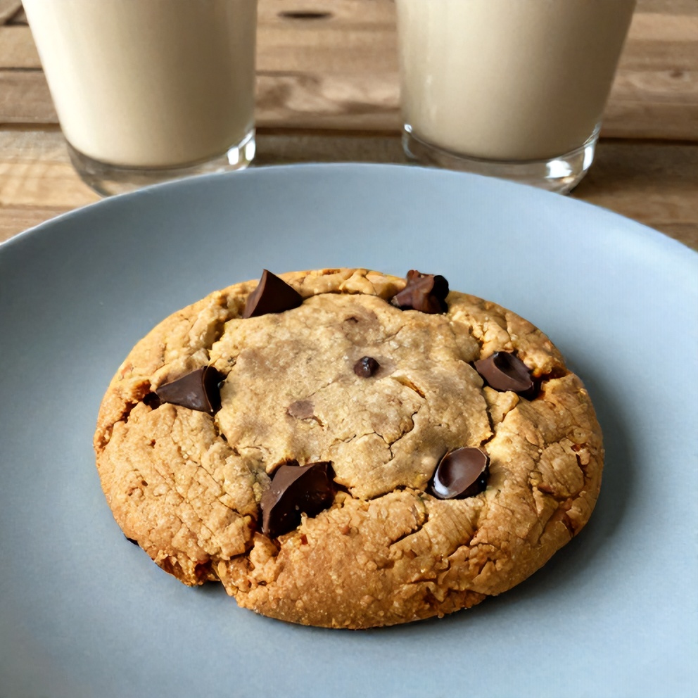 Single serve chocolate chip cookie on a plate with a glass of milk