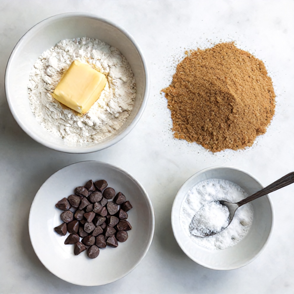 Raw ingredients for single serve chocolate chip cookie on a marble surface