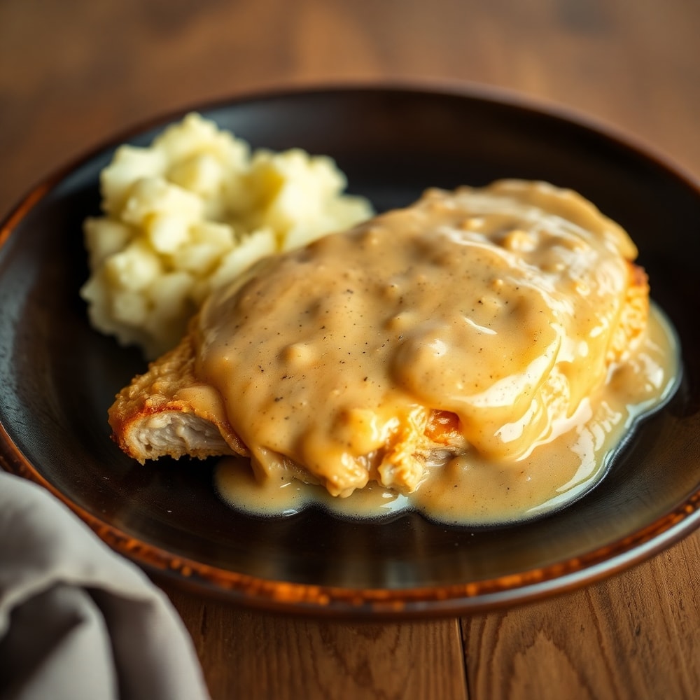 Plated Smothered Chicken with creamy gravy, served on a plate with a side of mashed potatoes