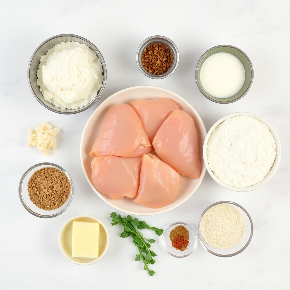 Raw ingredients for Smothered Chicken including chicken thighs, flour, milk, and seasonings