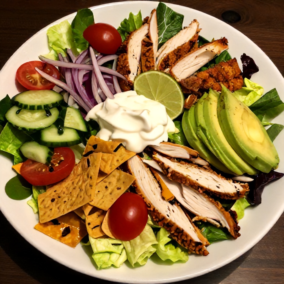 Plated Southwest Chicken Salad with avocado and tortilla strips