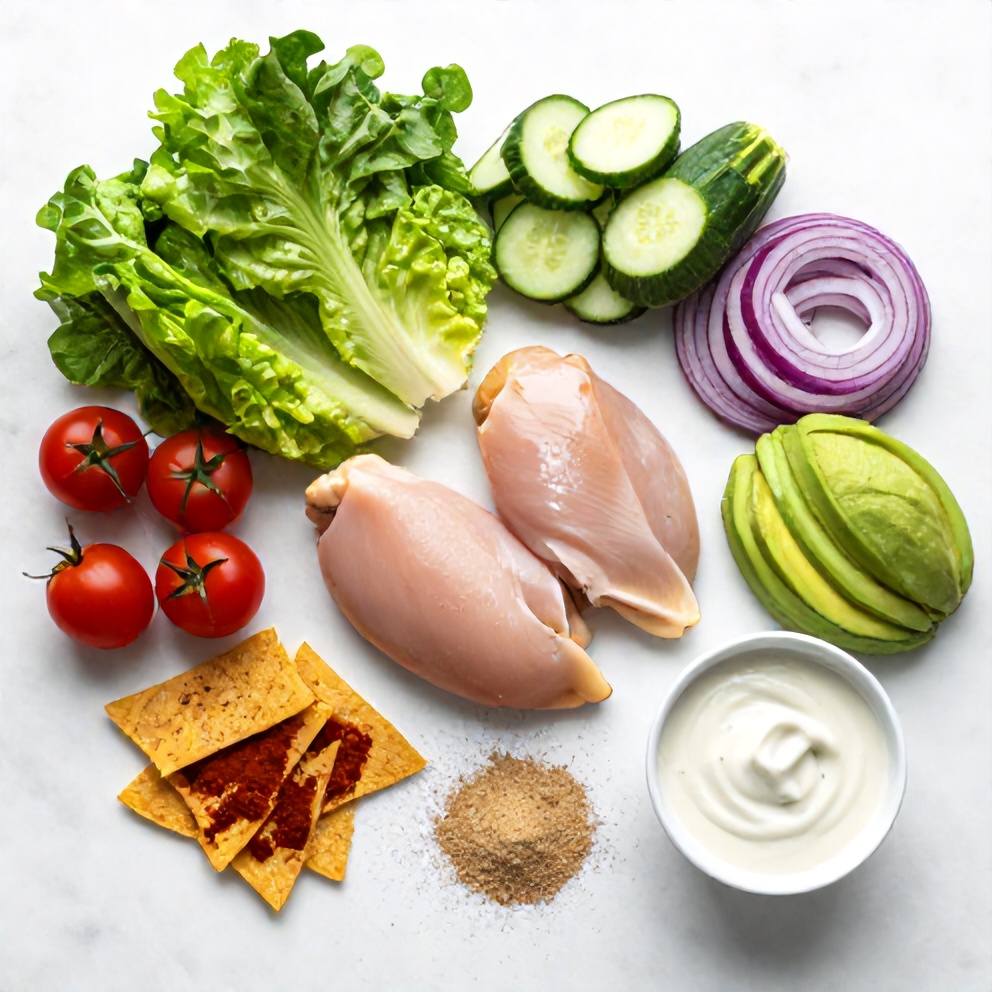 Raw ingredients for Southwest Chicken Salad on a marble surface