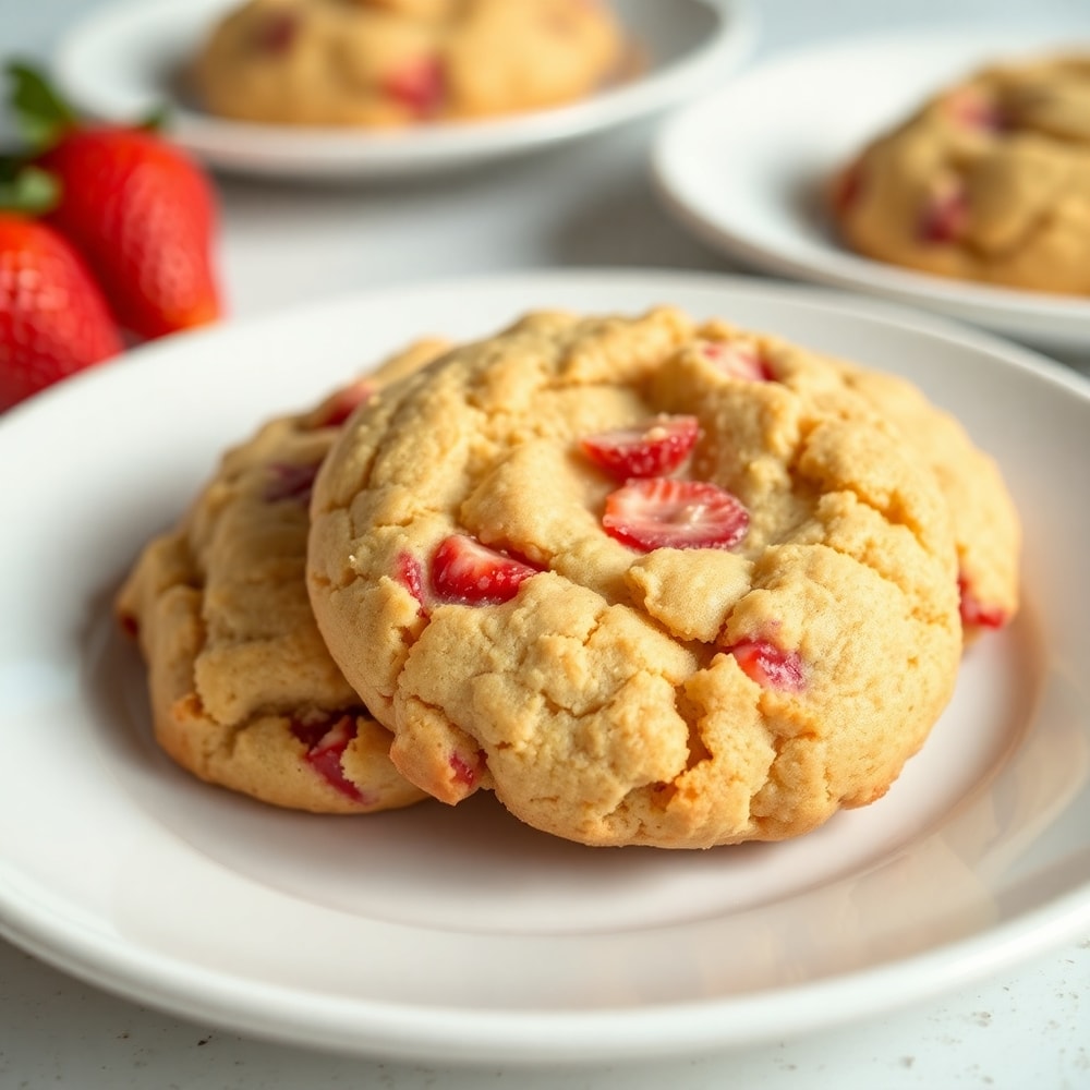 Strawberry Crunch Cookies on a white plate with a fork