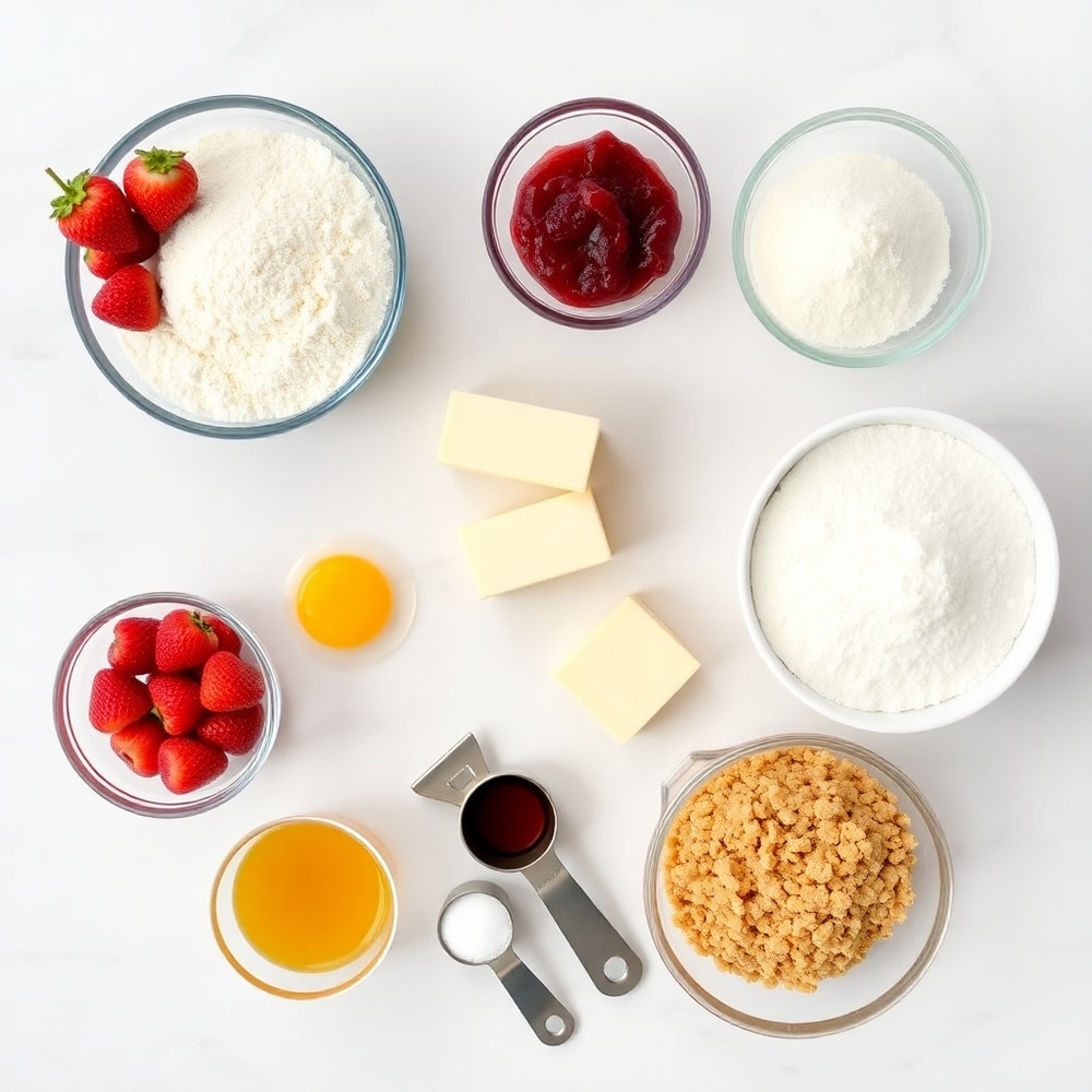 Raw ingredients for Strawberry Crunch Cookies on a white marble surface