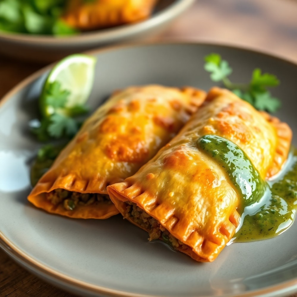 Plated vegan lentil empanadas with chimichurri sauce