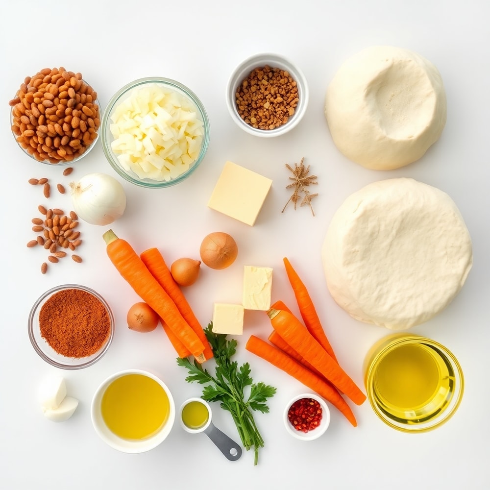 Raw ingredients for vegan lentil empanadas arranged in a flat lay