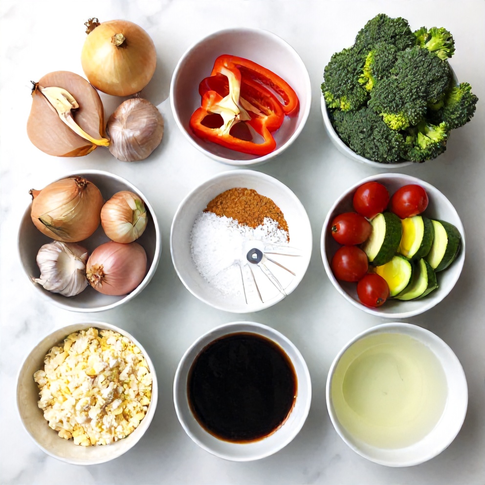 Raw ingredients for Veggie-Packed Dinners on a white marble surface