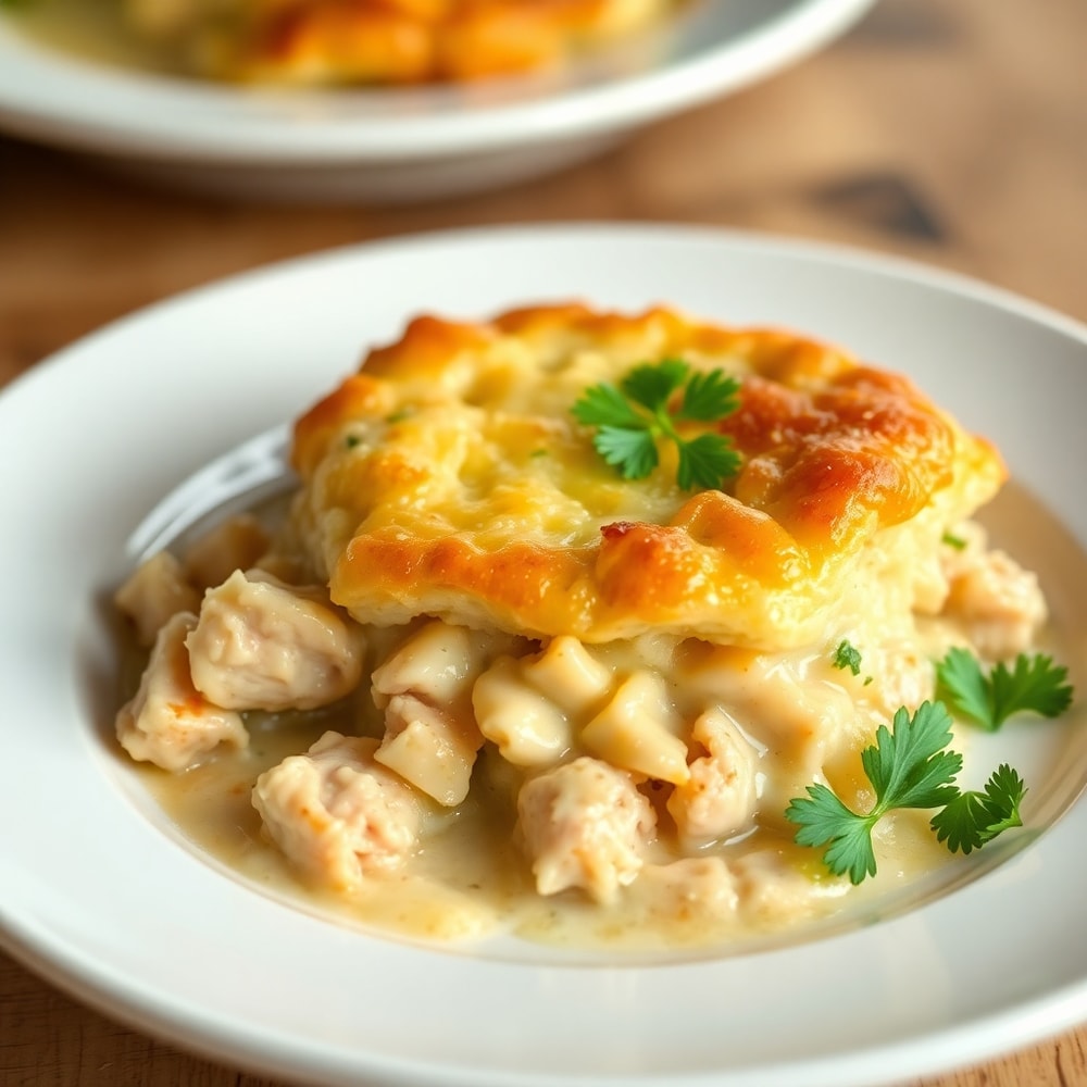 One perfect plated serving of Crockpot Chicken Pot Pie on a white plate, garnished with fresh parsley. Close crop, food fills 90% of frame. Warm side lighting showing crispy crust and tender chicken. Photorealistic food photography.