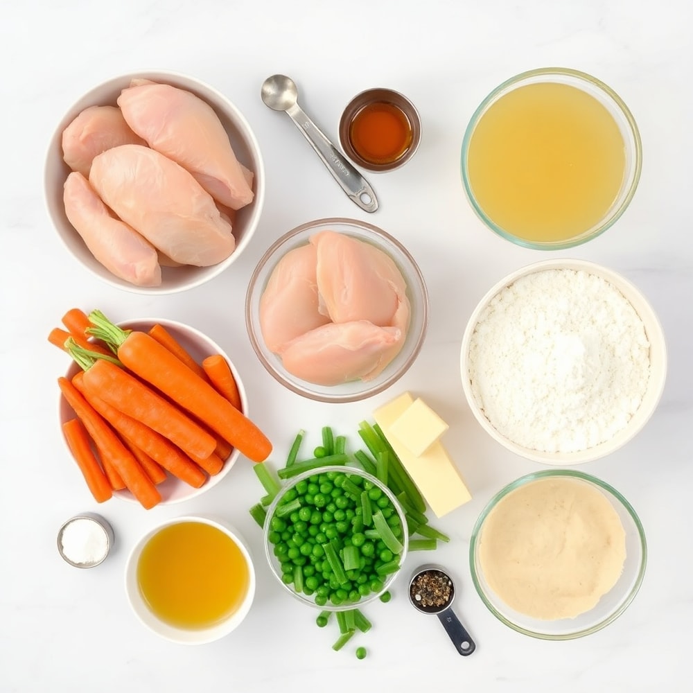 Overhead flat lay of raw ingredients for Crockpot Chicken Pot Pie. Boneless, skinless chicken breasts, carrots, celery, onions, frozen peas, butter, flour, chicken broth, frozen pie crust, salt, pepper, garlic powder. Prep bowls and measuring spoons visible. White marble surface. Bright even light.