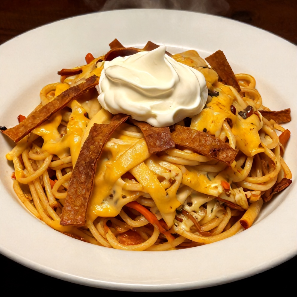 Plated serving of Crockpot Taco Spaghetti with avocado and cilantro