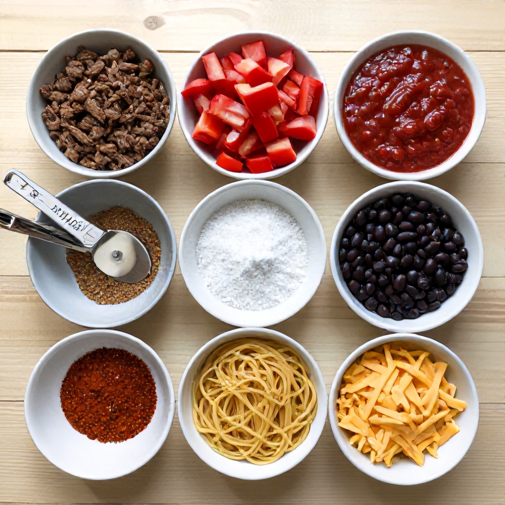 Raw ingredients for Crockpot Taco Spaghetti laid out on a wooden surface