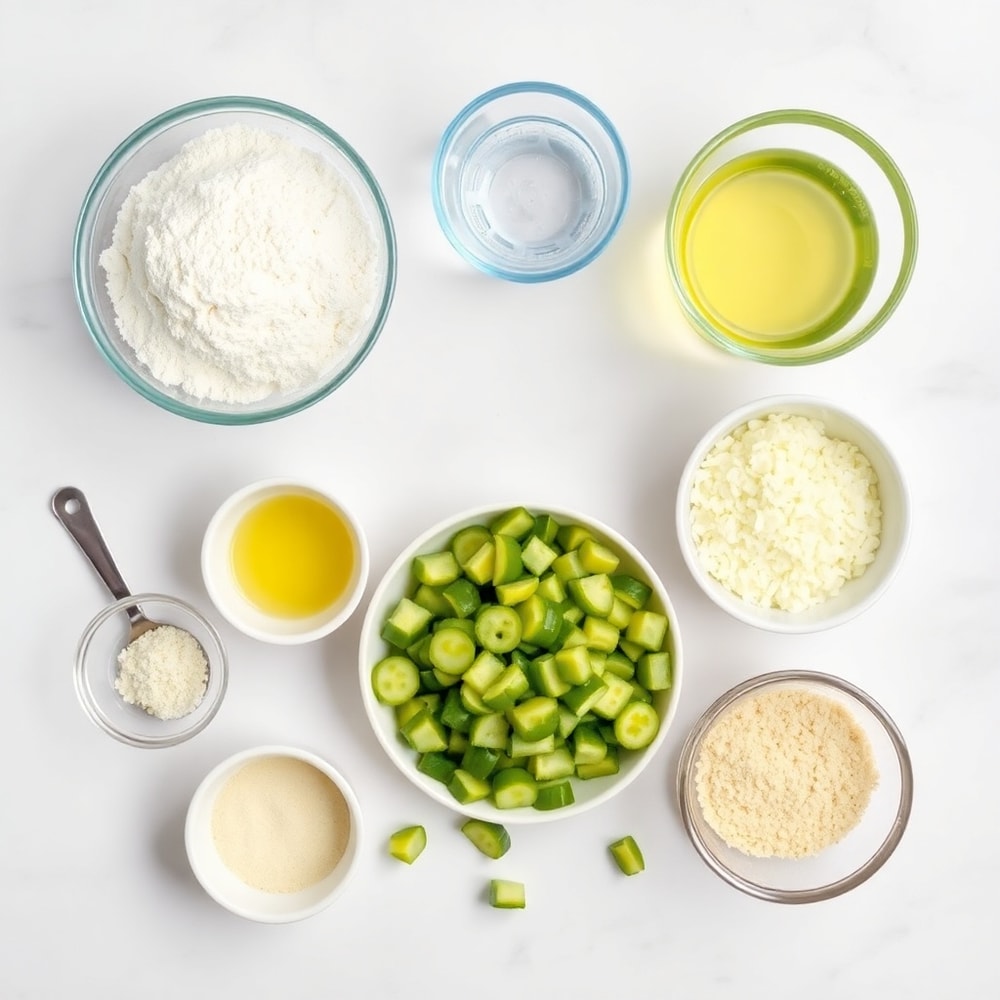 Dill pickle slices, flour, yeast, and other ingredients laid out