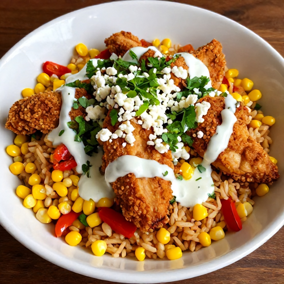 Plated Street Corn Chicken Rice Bowl