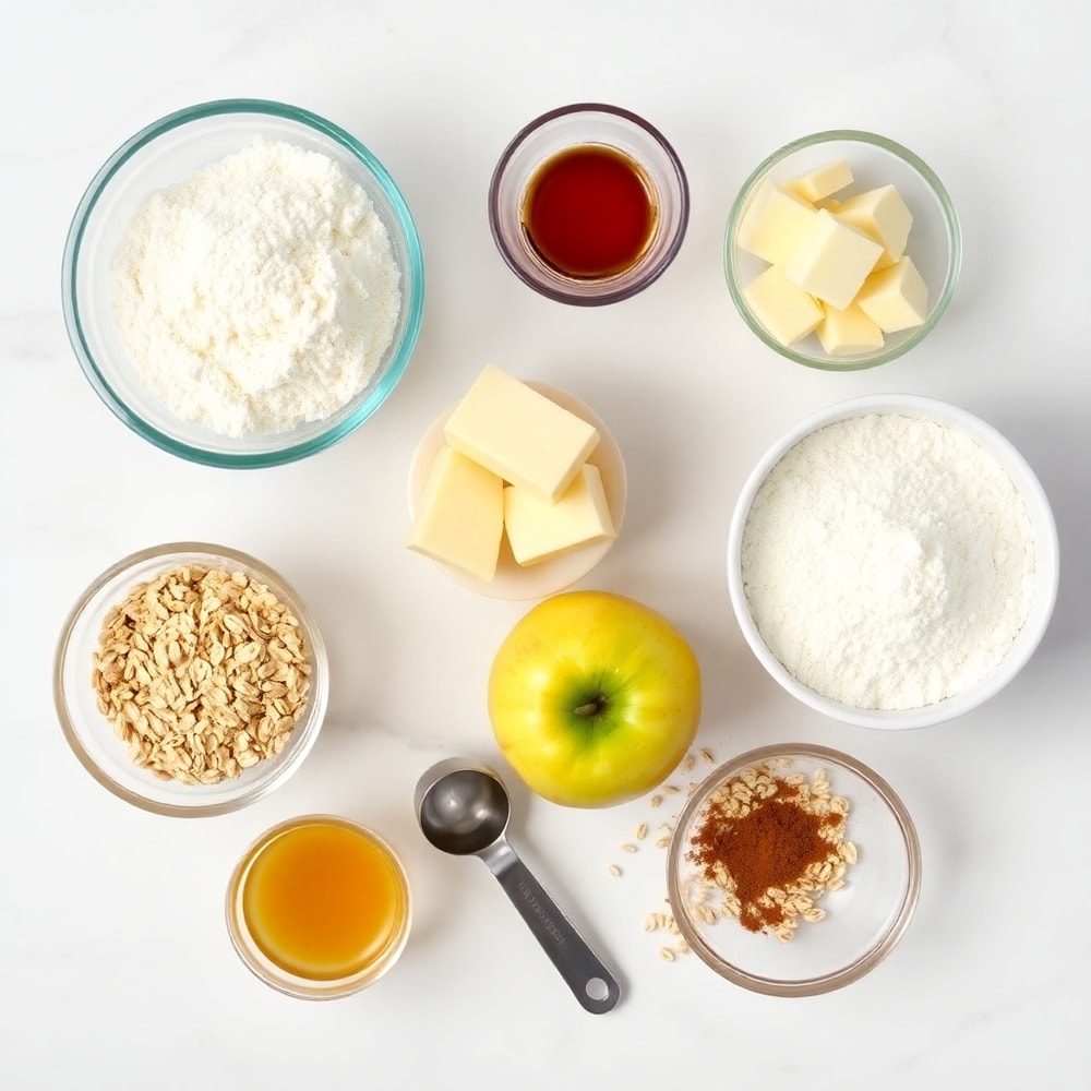 Raw ingredients for Apple Pie Bars on a white marble surface