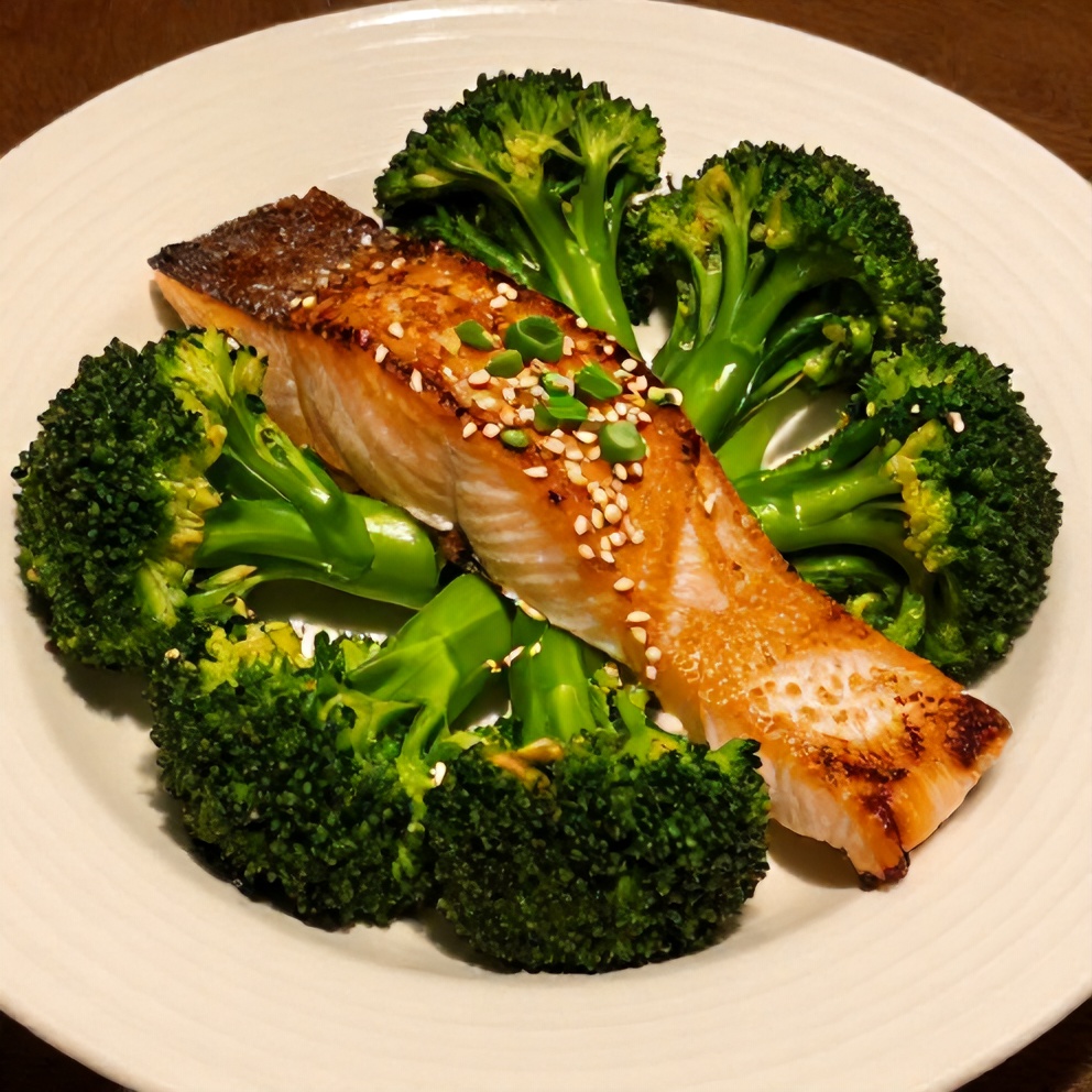 Plated Asian Salmon and Broccoli with green onions